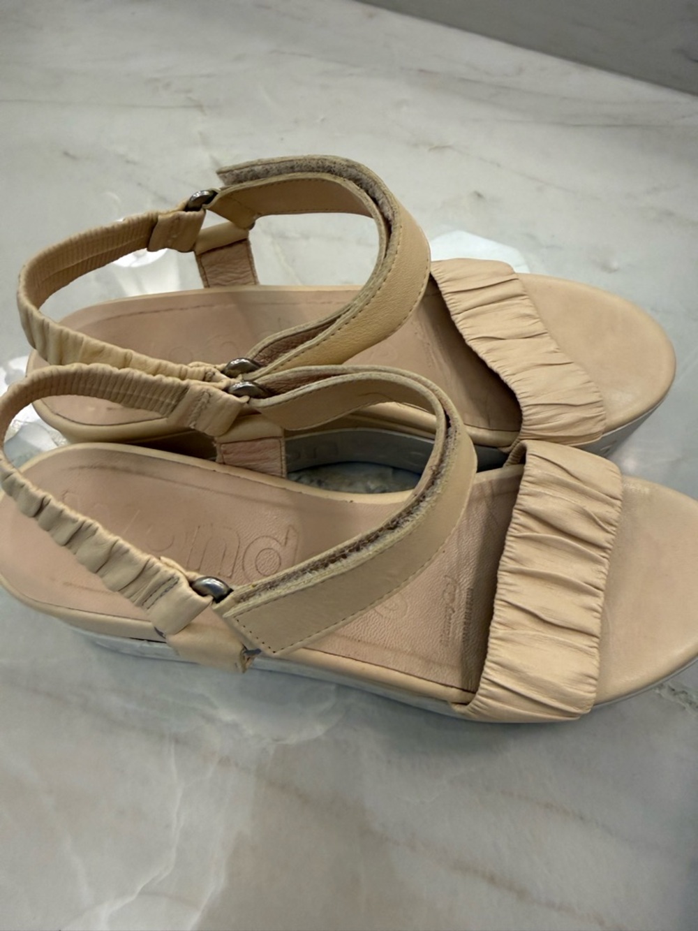 Neutral Ruched Platform Wedge Sandals - Picture 4 of 5